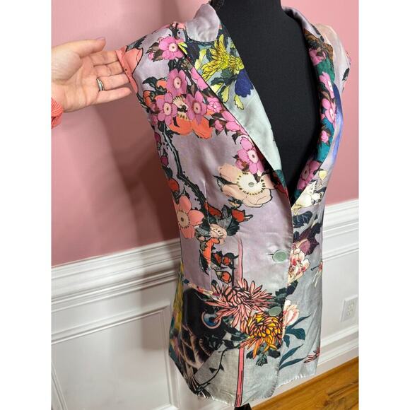Rochas Floral Printed Blazer Vest Sz 44 Sleeveless Silk Peak Lapel Made in Italy - Picture 6 of 9